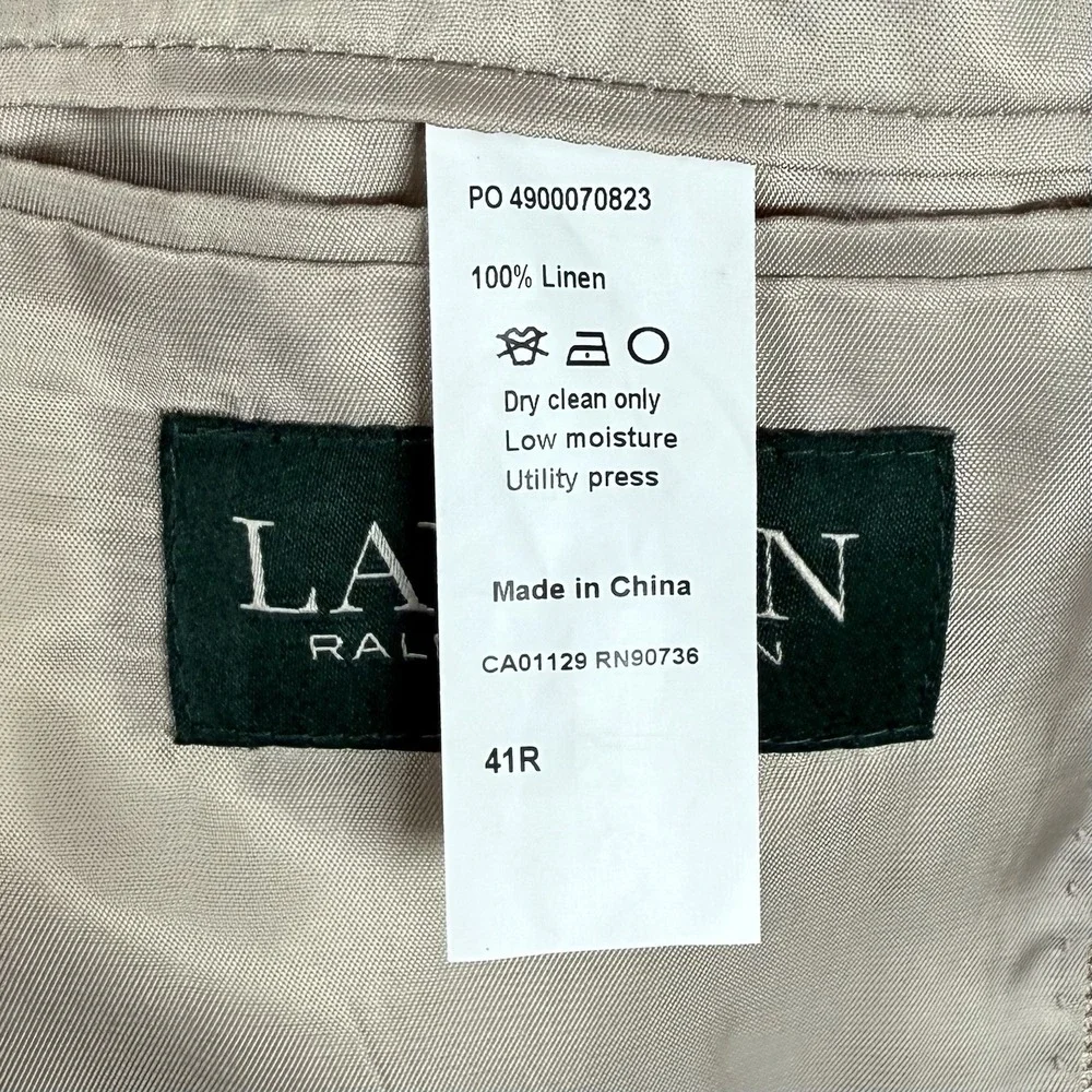 Lauren Ralph Lauren Mens 41R Beige Two Button 100% Linen Blazer Sport Coat